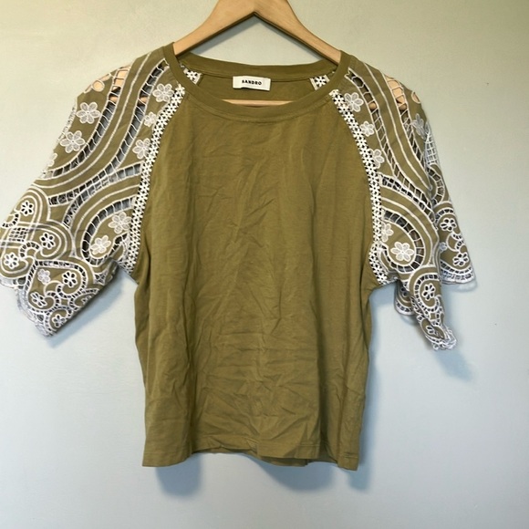 Sandro Broderie anglaise-detail shirt olive Lace Sleeve Women's Top - Picture 2 of 13